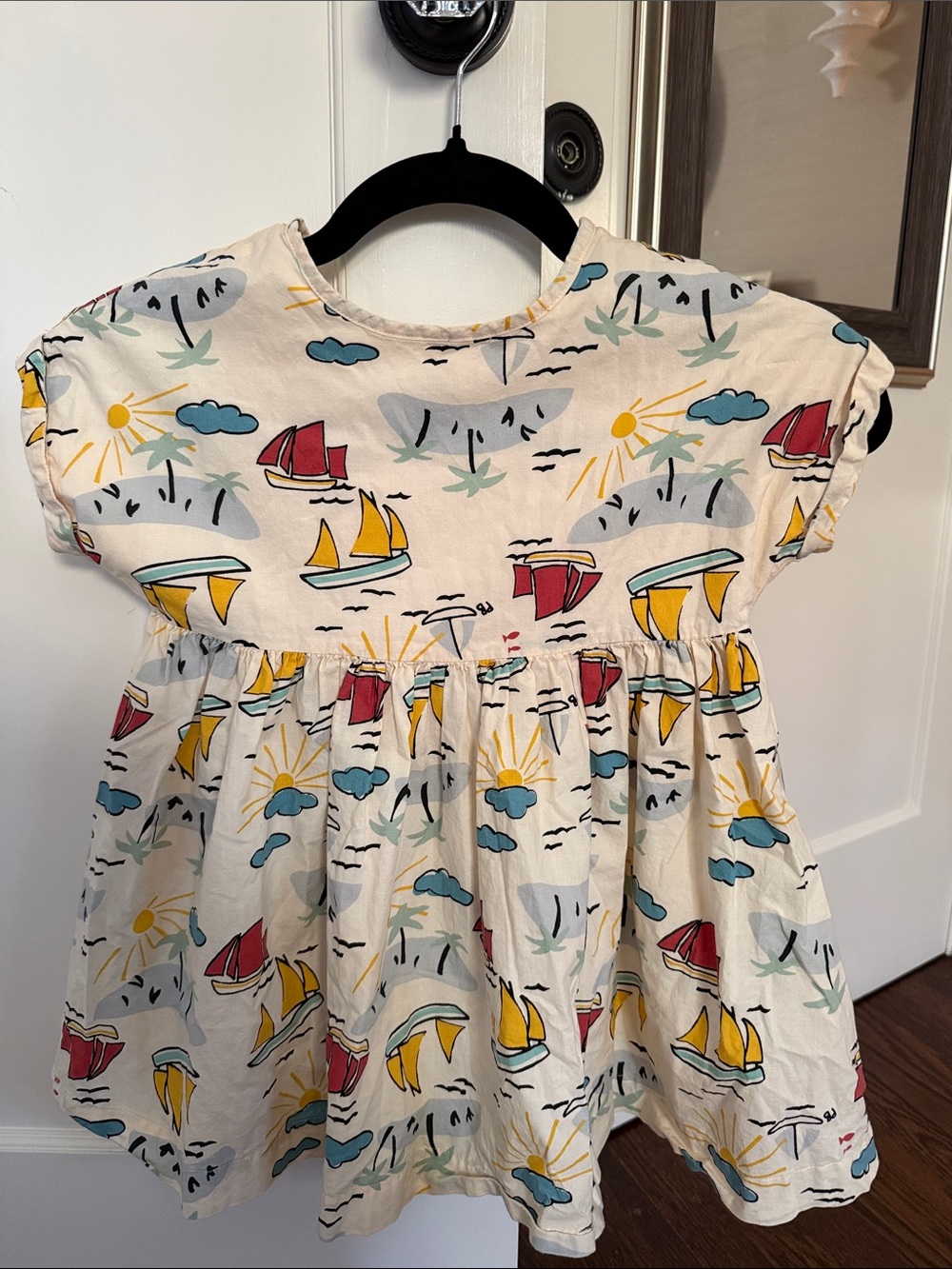 Petit Bateau Sz 5 Girls' Cream Sailboat Print Dress, 100% cotton